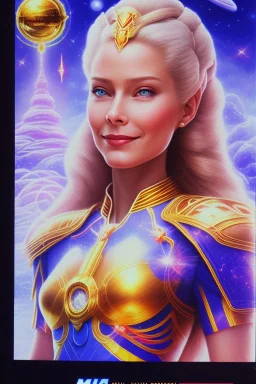 cosmic woman smile, admiral from the future, one fine whole face, crystalline skin, expressive blue eyes,rainbow, smiling lips, very nice smile, costume pleiadian, Beautiful tall woman pleiadian Galactic commander, ship, perfect datailed golden galactic suit, high rank, long blond hair, hand whit five perfect detailed finger, amazing big blue eyes, smilling mouth, high drfinition lips, cosmic happiness, bright colors, blue, pink, gold, jewels, realist, high commander