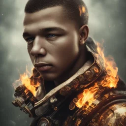 portrait photography of perfect face mbappe crying, Fire theme art, Dark moody night atmosphere, 8K, close-up face, ignore NSFW,magic,city, steampunk, chief ,apocalypse, set , sorrow,cyborg,