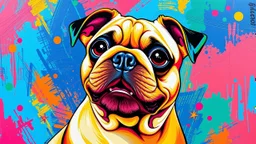 A creatively expressive Pug, vibrant with artistic flair, exudes charm and whimsy amidst a colorful backdrop. This pop art masterpiece captures the dog's playful personality through bold brushstrokes and vivid hues in a striking painting. Every detail pops with vibrancy, from the exaggerated features to the dynamic composition, showcasing the artist's skill and creativity. The artistic dog image is a testament to the beauty of modern art, inviting viewers to appreciate the unique and captivating