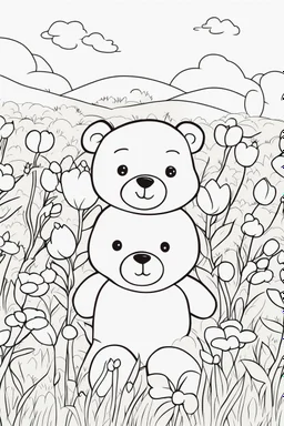 kids coloring page, stuffed bear in a field of flowers, cartoon style, thick lines, low detail, no shading