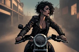 scarred cyberpunk vampire girl with tribal tattoos short curly cyberpunk hair riding a black cafe racer motorcycle in a post apocalyptic industrial wasteland at night