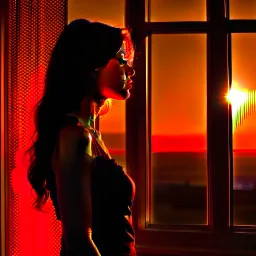 A silhouette of a sensual tender girl longing for a kiss, looking at the sunset from the window that creates her shadow.