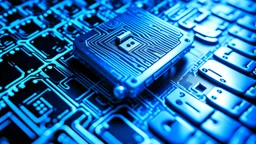 The image closely depicts a computer keyboard secured with a complex digital lock. The blue and white colors reflect the technological and security aspects of the subject. As an expression of digital protection and a focus on security in the era of digital communication, this image represents the balance between technology and personal safeguarding.