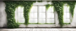 Hyper Realistic Green foliage on a rustic white wall & windows with vignette effect