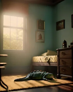 Room scene with alligator sleeping, Wes Anderson styler, realistic image, concept art, smooth, unreal engine 5, god lights, ray tracing, RTX, lumen lighting, ultra detail, volumetric lighting, 3d.