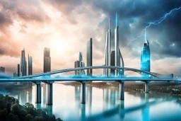 Dreamlike Skyline of Downtown futuristic hightech city in 4050 and a stunning futuristic Bridge During. dark sky, grey and black clouds , storm, dark azur-blue river, cold colors, come storm, rain, high detalied, sci-fi, landscape