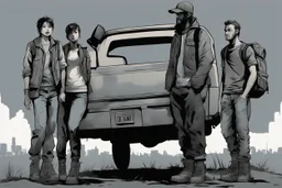 four persons, standing, silhouette, comic book,post-apocalypse, gray background, backpack, pickup truck,