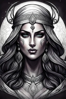 create an ethereal, darkly magical , epic female Andalusian sorceress with highly detailed and deeply cut facial features, sketch drawing, fine crosshatching and shading