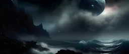 sci fi planet, dark, mysterious, smoke, ocean