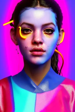 Ultra Realistic image, Rosalía artist, portrait, waist up portrait, black eye line, sweet face, gold pink and blue geisha style, spray line make up, geometric, led lights, neon, rings piercing, led ornament, fog, bubble latex coat, vibrant color, highly detailed, art stations, concept art, smooth, unreal engine 5, god rays, ray tracing, RTX, lumen lighting, ultra detail, volumetric lighting, 3d, finely drawn, high definition, high resolution.