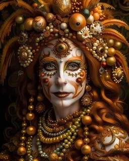 Beautiful venetian carnival rococ style vantawhite woman portrait adorned with apicy vanilla crus, nutmeg beans driws caffwe beanss food and vinamon spyce with vanilla and Fried fruit food headdress wearing voidcore etherial shamanism rococ style venetian carnival like mineral stone ribbed wooden filigree cinamon colour face masque wearing Golden ad copper Dusty make up on glitter covered make up on, wearing floral embossed rcoc venetian shamanism style costume armour dress with walnut, nutmeg,