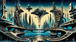 a stunningly weird image of a futuristic metropolis using Salvador Dali's paranoiac-critical method, where buildings and structures appear to melt into the skyline cityscape is filled with floating mad, twisted sharp metal shapes that interact with the buildings and each other, forming a surreal tableau of a dreamlike reality. neu-steampunk vibe, essence of the scene in a cinematic manner, with dramatic shadows that enhance the distorted perspectives and bizarre