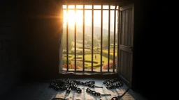 Inside a dark dismal cold prison cell with chains on the floor and bars at the window, looking out through an open heavy cell door into freedom, with colourful gardens and distant hills in bright warm sunshine. Exquisite composition, beautiful detailed intricate detailed octane render, 8k artistic photography, photorealistic, perfect light, chiaroscuro, award-winning photograph, masterpiece