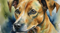 WATERCOLOR, DOG WITH SAD EYES, FINE DRAWING,