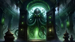 Please generate an LEGENDARY image with CTHULU stepping through a portal in a Cyberpunk cloud castle.