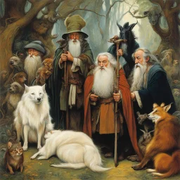 [art by Norman Rockwell: three Middle-earth Istaris are Jonathan Pryce, Sylvester McCoy and Jean Rochefort] Radagast, with his unkempt hair and a menagerie of animals, shared a hearty chuckle with Saruman, the wise and cunning Istari. And there, in the midst of it all, stood Gandalf, a twinkle in his eyes as he joined in the mirth.Their laughter echoed through the night, a rare moment of camaraderie amidst the chaos of their journeys.