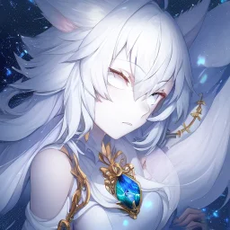 cosmic mage, elf, female, battle mage, epic, cosmic magic, long ears, white hair, face details, pale skin, jewellery, broad shoulders, sharp ears, cosmic clothes, cosmic eyes, ears shown, light out of eyes, the cosmos in eyes, stars in eyes, shining eyes, non human face, thin face, animation, detailed ears, magical eyes, non realistic, closed mouth, bigger make up, smiling face