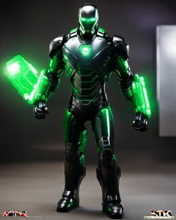 Super IRONMAN armor, kryptonite powered, black armor, black chrome, green lights, built by wayne enterprises, designed by stark industrieshttps://stablecog.com/generate?o=37b70ee1-cbf6-4de2-8ffe-0e02f33ce34f photorealistic, military display, weapons test,