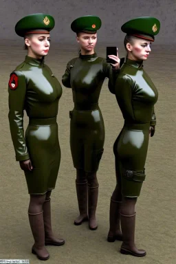 Russian military girls. Steam-punk style blank face and head with integrated old-fashioned cameras and phone. Army green surfaces body, latex. Perfect body, thick thighs and calves. Asa Akira body. Wide hip, skirt bleats nicely. Partly symmetrical. Straitjacket. Rusty and decayed background. Steam-plunge air-bottles. Euclidean 3D-tiling walls. 5th dimensional surface structures. Oppressive atmosphere