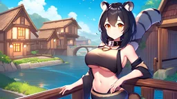 girl on the bridge,open navel, black hair, orange eyes, river, house by river, small wooden house,collar on neck, raccoon ears, raccoon tail, (2: big breasts)