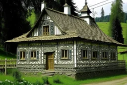 schita cu tema casa taraneasca din Bucovina , incadrata bine in rama , hasurat cu linii fine , cu mare acuratete si contrast , stil gravura pe metal