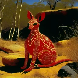 A red fire elemental wallaby designed in native American petroglyphs painted by Salvador Dali