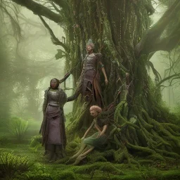 Octane render. Ultra realistic photo .a group of women. Sisters. Standing together. the face of A young black woman. A wood nymph emerging from the forest. Her hair looks like vines. Dreadlocs. Her skin is the colour of dark soil. Her skin looks like tree bark. Her clothing is made of vines, grass and leaves.