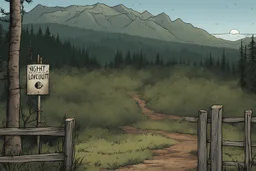 night, lookout, fence, mountain, forest, overgrown, post-apocalyptic, comic book, camp site signs