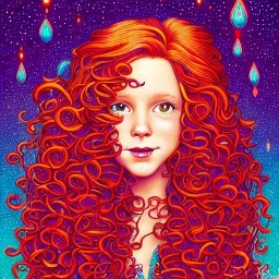 teen Robyn Lively, her striking perfectly detailed clear eyes, her perfect, precisely detailed lightly freckled face, meticulously detailed long curly multi-hued ginger carrot cherry fire red hair, luminous colorful sparkles; by james r. eads, gawki, rajewel, tania rivilis, dan mumford, lisa frank, artgerm, greg rutkowski, alphonse mucha and william-adolphe bouguereau; glitter, airbrush, octane render, volumetric lighting, 16k, photorealistic digital painting, artstation, smooth, sharp focus