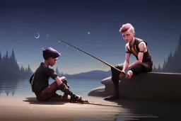 An extremely detailed, exquisite painting of boy sitting on a crescent moon fishing surrounded by the entire universe