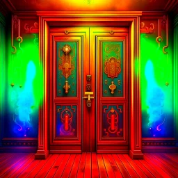 Half opened massive wooden door with lots of engraved magical symbols. Colorfull magical smoke coming out of the door opening. Harry Potter. Magical. Epic. Dramatic, highly detailed, digital painting, masterpiece