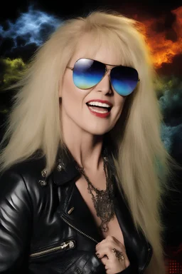 head and shoulders image, Lita Ford - Kiss Me Deadly - Reptilian-skinned - Ray-Ban sunglasses - Motley Crue - gothic pale-skinned vampire, fire and multicolored electrified cosmic clouds, Professional quality Photograph by Hoy Tung lu- Multicolored lightning -a smiling, long, blonde hair, blue eyes, goth makeup, black leather biker's jacket, black leather pants, combat boots, black fingerless gloves, sitting on in the forest next to a fire,