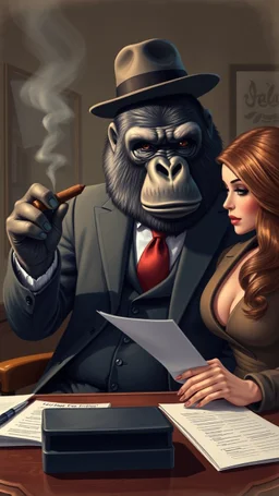 A gorilla wearing a suite and tie with hat sitting as a boss on office table with a cigar in hand and a beautiful young woman secretary taking a note from him