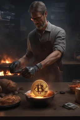 A man holds out his inner forearm where he has just received an iron brand mark of bitcoin. It's still hot and sizzling, hyper realistic, 8k, chaos