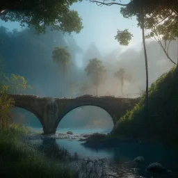 Artemis Tapınağı fantasy art, island waterfall palms twigs spring sunset rainbow bridge birds, lighting, cinematic, extremly, mist, unreal engine 5, cinematic lighting, beautiful, photorealistic, abstract