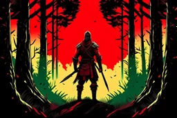 Warrior in red dead redemption style with forest after war background