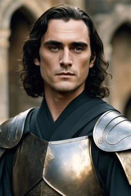 Joaquin Phoenix from year 2000, draped waves haircut, black hair, in medieval setting, in burnished medieval japanese armor