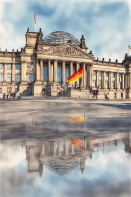 Typical Germany, Reichstag architecture, one small German flag hanging on the facade of the building. People on the street are reflected in a puddle on the asphalt. Watercolor style. 8k quality