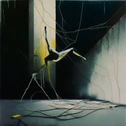 Minimal abstract oil painting of a falling person limbs sinew. Amongst concrete fragments brutalist architecture and hanging wires illuminated at night. In the style of Justin Mortimer and Francis bacon