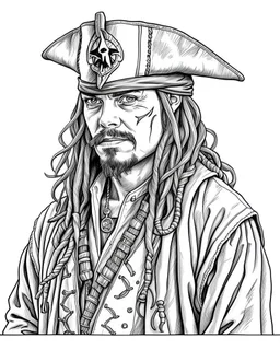 Jack Sparrow Portrait: Create a detailed coloring page featuring the iconic character Jack Sparrow. Ensure intricate details in his clothing, accessories, and facial features for an engaging coloring experience.