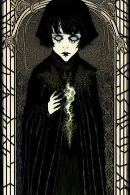 7 year old boy, necromancer, friendly, looks dead, surrounded by weird smoke with eyes, wearing black robes, in the style of Harry Clarke