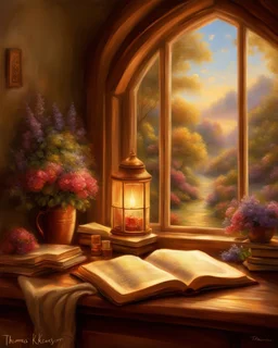 an open book sitting on top of a wooden table, thomas kinkade. cute cozy room, storybook illustation, storybook art, dream scenery art, by Pamela Ascherson, very beautiful fantasy art, vignette of windowsill, warm beautiful scene, cosy enchanted scene, cozy home background, style thomas kinkade, sunlit windows, scenery artwork