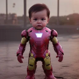 Iron man toddler, real, full body, tokio background, dramatic lighting, hyper realistic, 8k