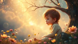 Detailed colour photograph, realistic: "Un petit enfant doux dans son monde enchanté, Parmi les merveilles, il aime se promener. Ses pensées sont vastes, pleins de beauté, Chaque instant est une nouvelle félicité. Dans son univers, tout est merveilleux, Un monde imaginaire, tendre et lumineux. "