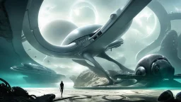 woman with dark hair in a silver robotic catsuit, standing on a futuristic alien beach with a crashed spaceship in the water, with mushrooms with octopus tentacles flying in the air