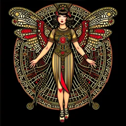 Full Body, Art Nouveau Woman With A Bob With A Fringe Hairstyle, Cleopatra Clothing, Steampunk Metal moth with red wings, Black Background