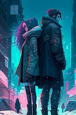 Science fiction, cyberpunk, city street, couple girl and guy, together, love at first sight, forbidden love, winter