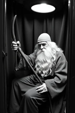 Gandalf with crowbar taking serie of BW photos inside photo booth.