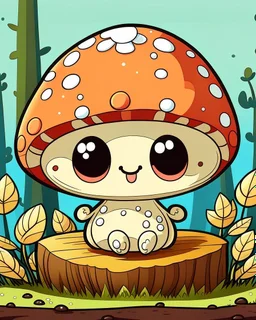 A cute kawaii mushroom is sitting on a tree stump in the forest, It has big, glassy eyes that are sad and full of sorrow, Its body is brown, and its hat is white with black dots, The background is a forest with trees, bushes, and flowers, Use bright and vibrant colors to create a fun and cute effect, Add simple patterns and shapes to create an easy-to-color image,Use cute and creative details to add personality