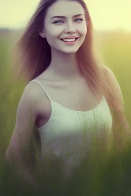 Beautiful pretty smile of girl in picture in grass flower in afternoon, 12k resolution, super HD, detail realístiC PHOTOGRAPH